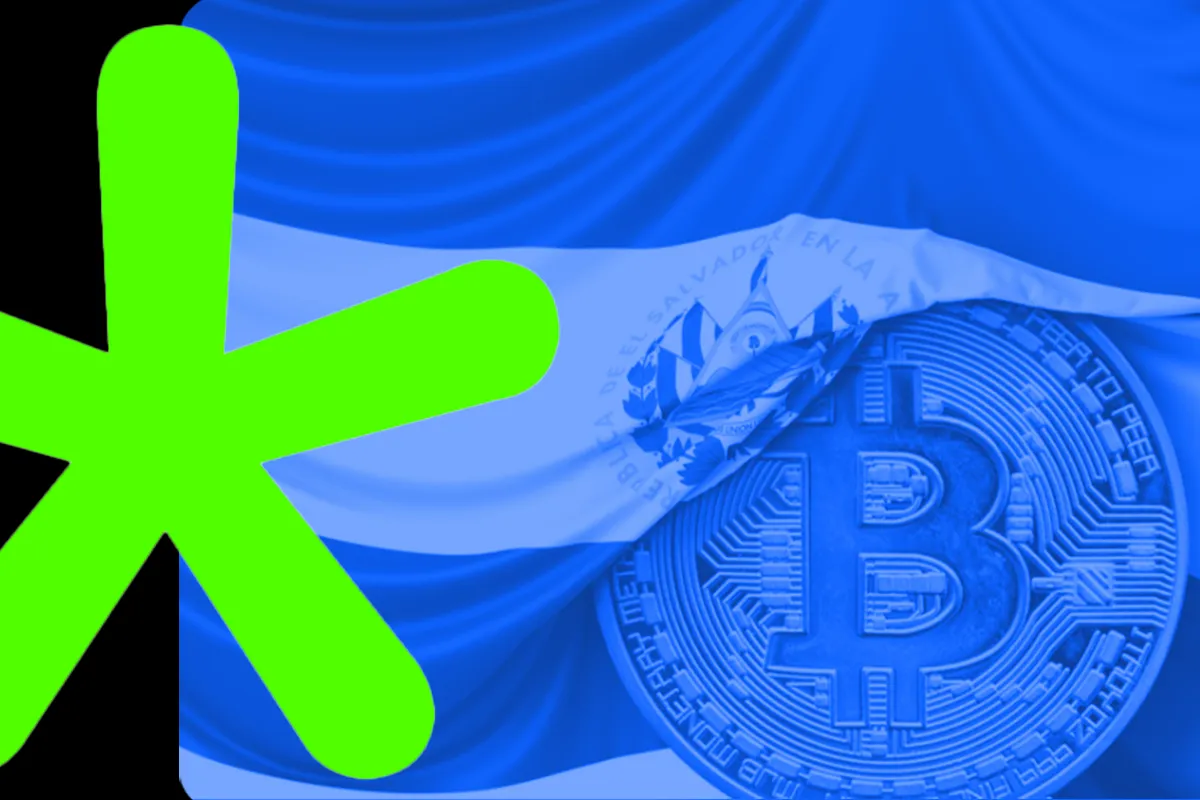 Ilustração com o logotipo da ABcripto, bandeira de El Salvador e uma moeda física de Bitcoin