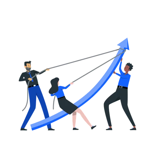 Ilustração de um grupo de pessoas trabalhando no crescimento de indicadores