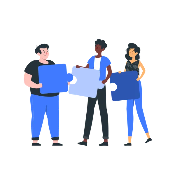 Ilustração de três pessoas trabalhando em equipe por um objetivo maior