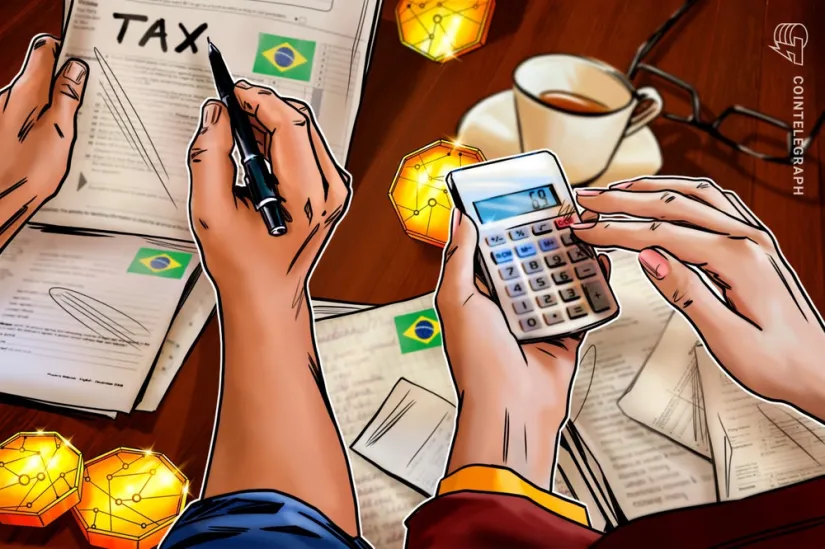 Ilustração de duas pessoas preenchendo formulários do Imposto de Renda com a bandeira do Brasil.
