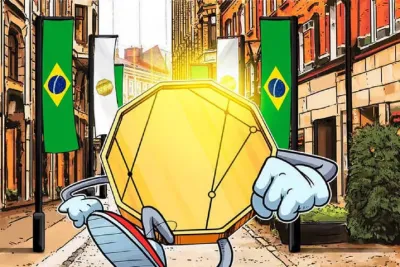 Ilustração de um token dourado, com braços e pernas, em uma rua decorada com bandeiras do Brasil.