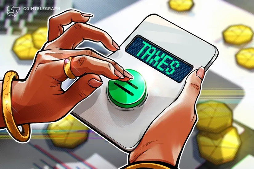 Ilustração de mãos pressionando um botão em dispositivo com a palavra 'TAXES'