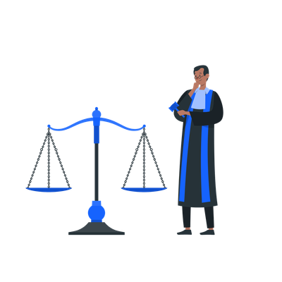 Ilustração de um juiz olhando para a balança que representa a justiça