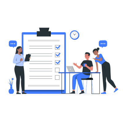 Ilustração de um consultor com um checklist, auxiliando empresários em sua gestão